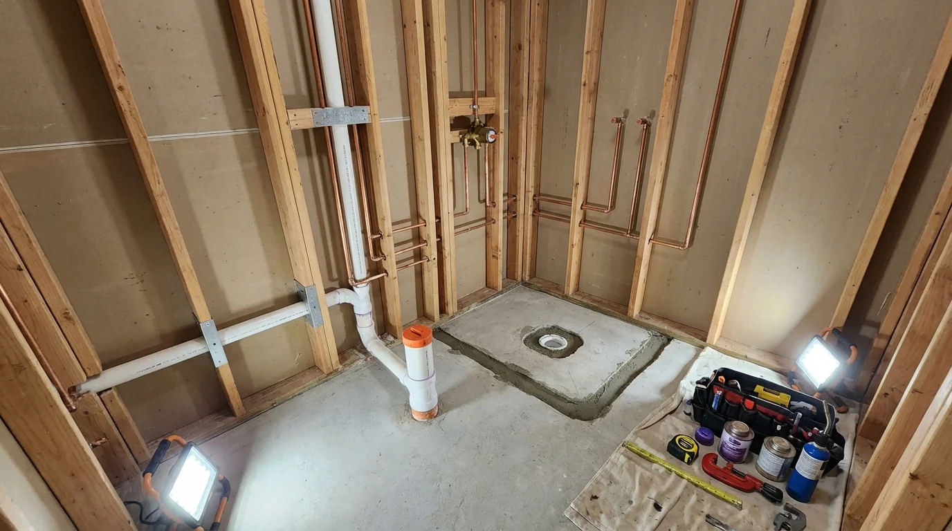 Bathroom rough-in plumbing during remodel by Johns Plumbing LLC in Benson
