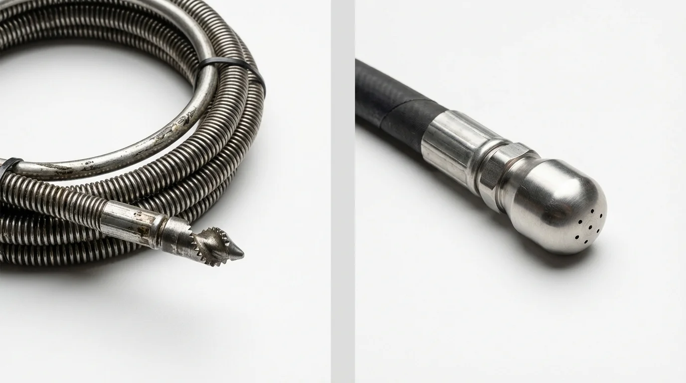 Drain snake cable and hydro jetting nozzle used for drain cleaning in Benson, NC