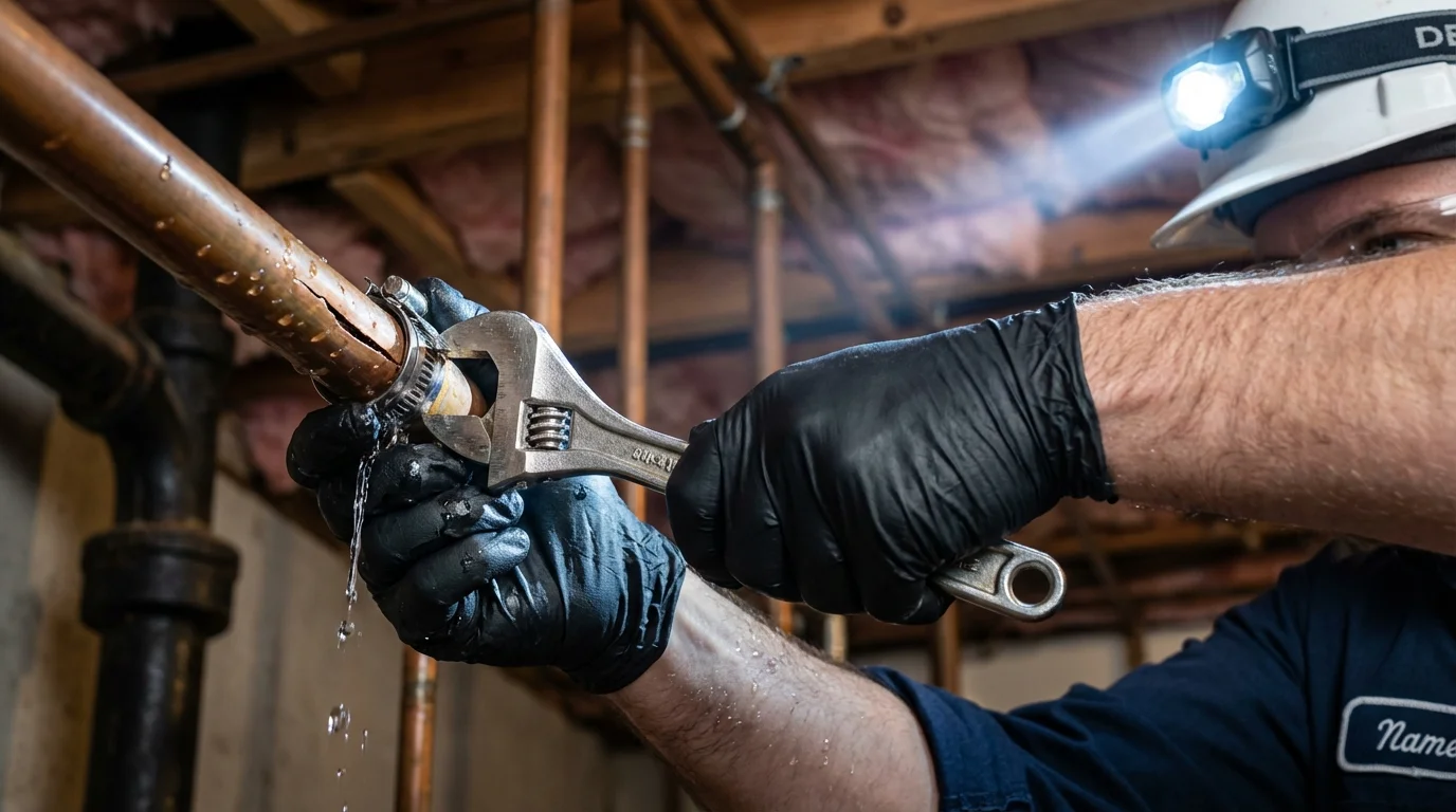 Emergency pipe clamp repair being performed by a Johns Plumbing LLC plumber in Benson