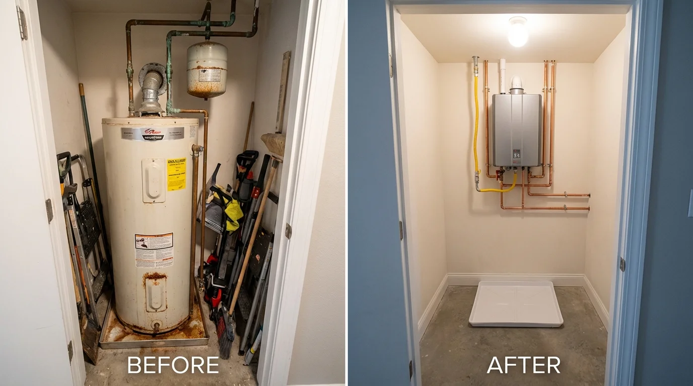 Tank water heater versus wall-mounted tankless unit comparison for Benson, NC homeowners