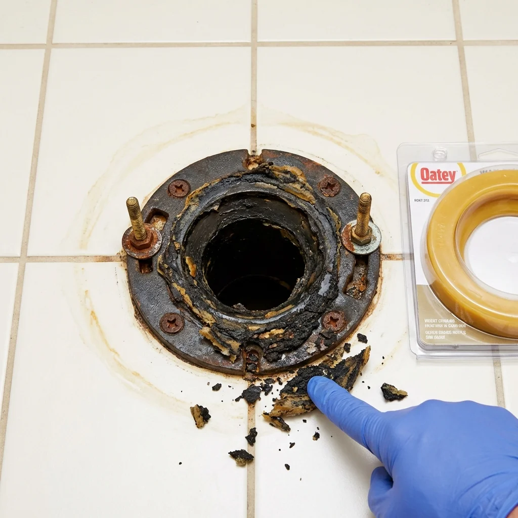 Failed wax ring showing water seepage at the base of a toilet in a Benson, NC home