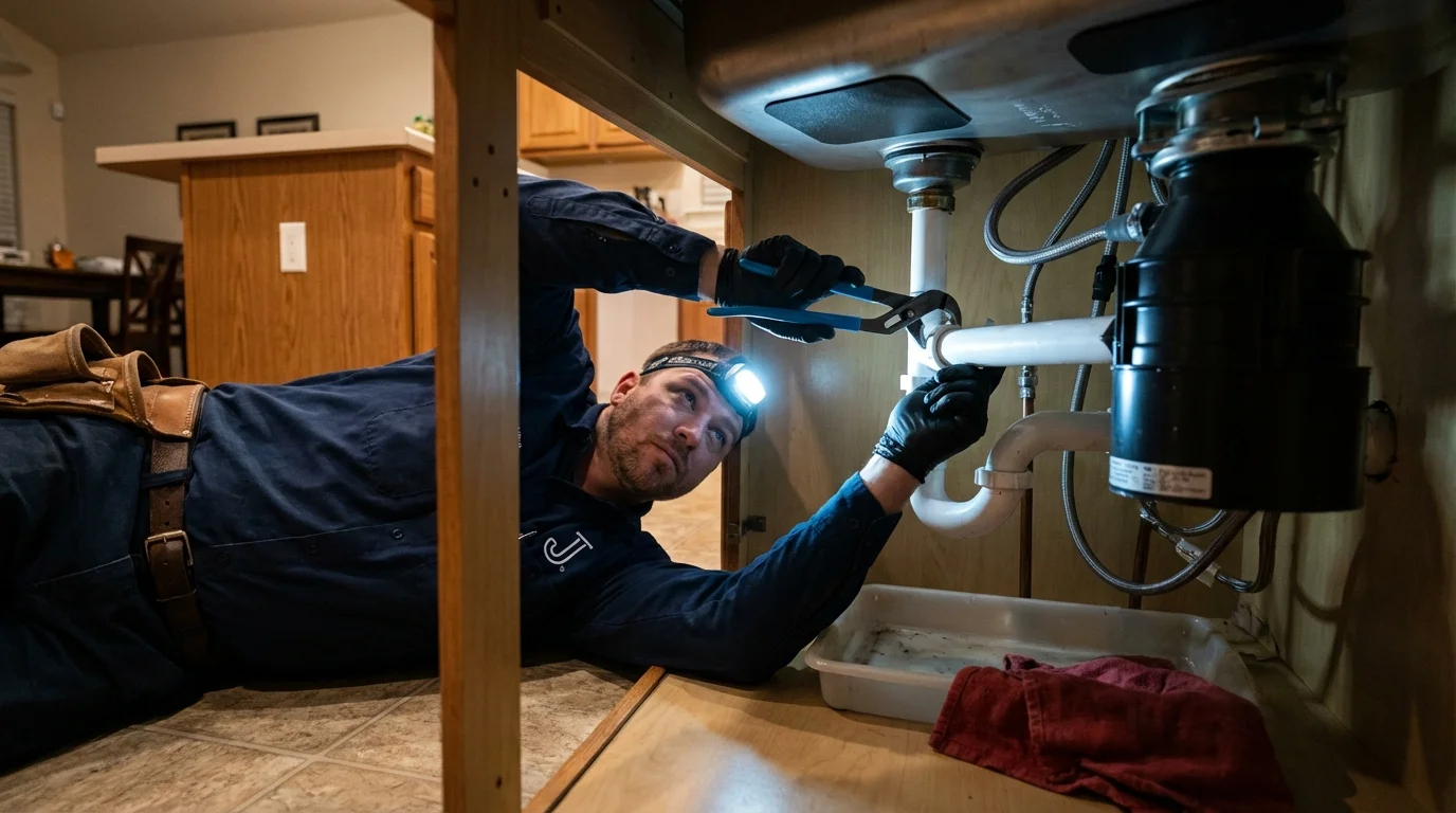P-trap and supply line connections under a kitchen sink showing a common leak point in Benson, NC